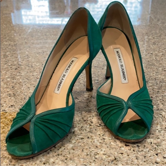 Gorgeous Manolo Blahnik Green Peep-Toe Heels size 36 w dust bag EUC - Picture 1 of 9